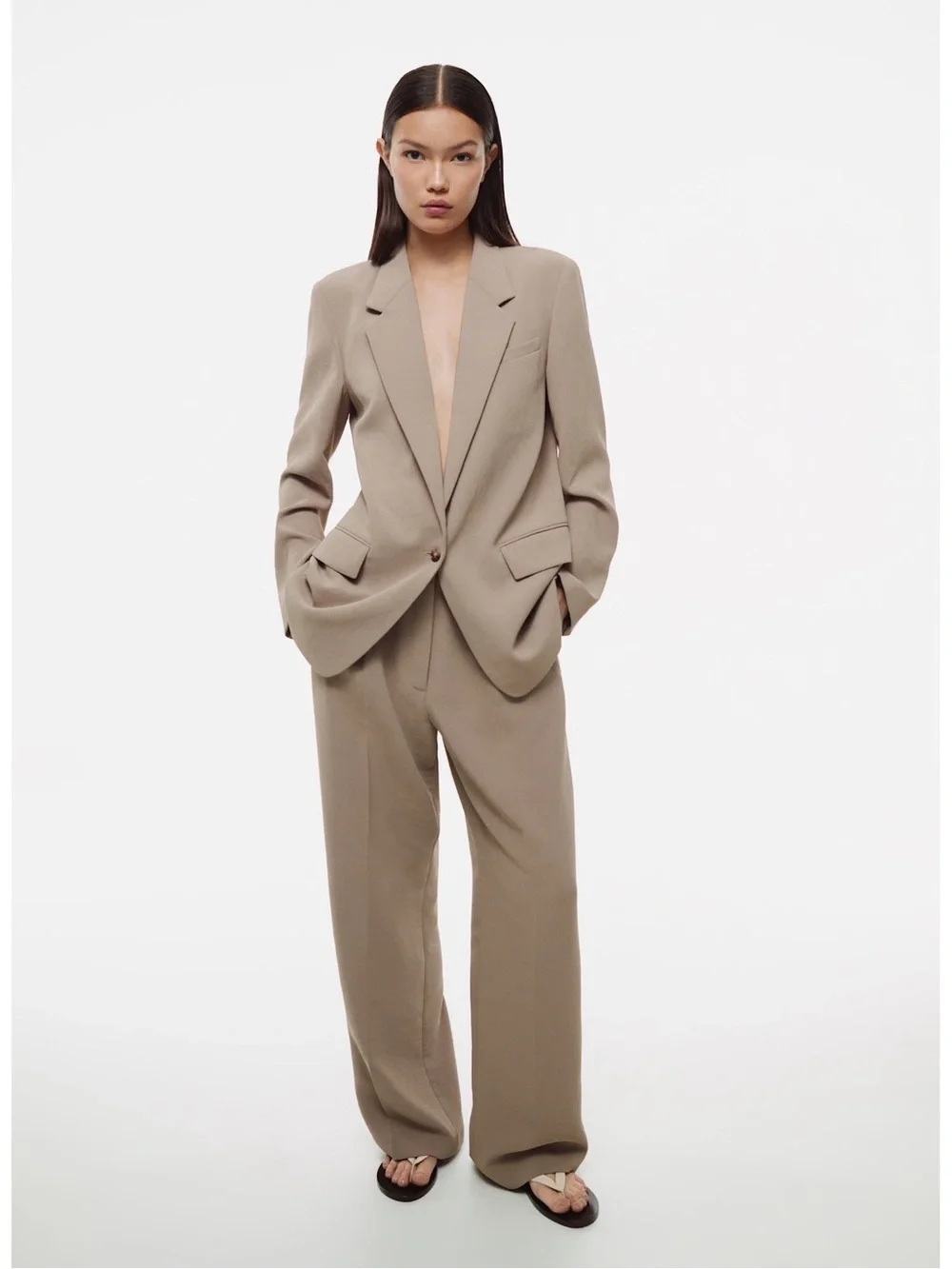 Aritzia The Effortless Pant Crepette High Rise Wide-Leg Trouser in Nomad Taupe